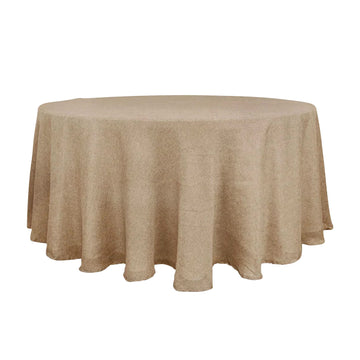 120" Natural Jute Seamless Faux Burlap Round Tablecloth Boho Chic Table Linen for 5 Foot Table With Floor-Length Drop