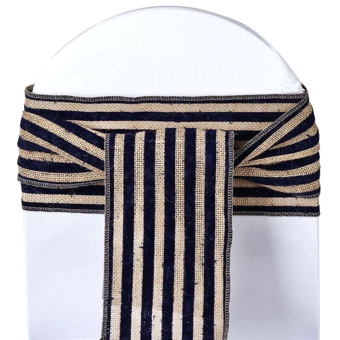 6"x108" | Natural Tone Burlap Jute Chair Sash With Navy Blue Stripes