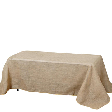 90"x132" Natural Rectangle Burlap Rustic Seamless Tablecloth Jute Linen Table Decor for 6 Foot Table With Floor-Length Drop