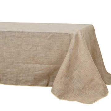 90"x156" Natural Rectangle Burlap Rustic Seamless Tablecloth Jute Linen Table Decor for 8 Foot Table With Floor-Length Drop
