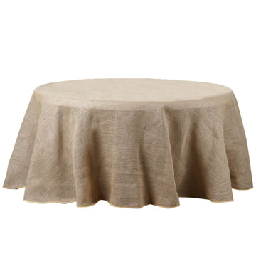 132" Natural Round Burlap Rustic Seamless Tablecloth Jute Linen Table Decor for 6 Foot Table With Floor-Length Drop