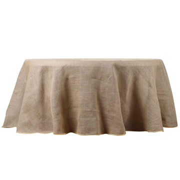 120" Natural Round Burlap Rustic Seamless Tablecloth Jute Linen Table Decor for 5 Foot Table With Floor-Length Drop