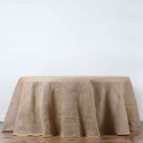 132" Natural Round Burlap Rustic Seamless Tablecloth Jute Linen Table Decor for 6 Foot Table With Floor-Length Drop