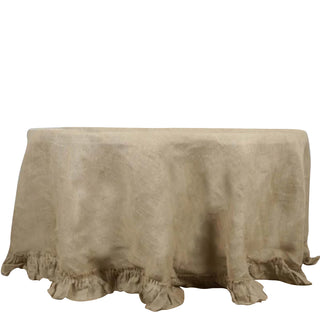Unleash the Beauty of Natural Jute Linen with the 120" Natural Round Ruffled Burlap Rustic Seamless Tablecloth