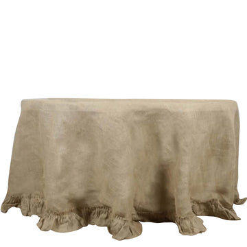 120" Natural Round Ruffled Burlap Rustic Seamless Tablecloth Jute Linen Table Decor for 5 Foot Table With Floor-Length Drop