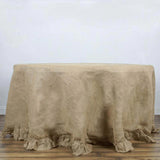 120" Natural Round Ruffled Burlap Rustic Seamless Tablecloth Jute Linen Table Decor for 5 Foot Table With Floor-Length Drop