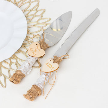 Natural Rustic Jute Lace Wedding Cake Knife Server Party Favors Gift Set, Stainless Steel Souvenir Server Set Pre-Packed with White Gift Box and Heart Tags