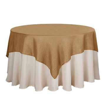 72"x72" Natural Slubby Textured Linen Square Table Overlay, Wrinkle Resistant Polyester Tablecloth Topper