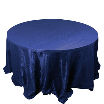 132" Navy Blue Accordion Crinkle Taffeta Seamless Round Tablecloth for 6 Foot Table With Floor-Length Drop