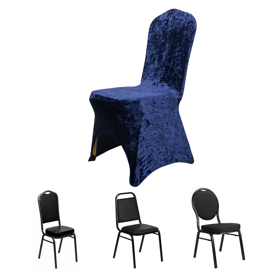 Navy Blue Crushed Velvet Spandex Stretch Wedding Chair Cover With Foot Pockets - 190 GSM