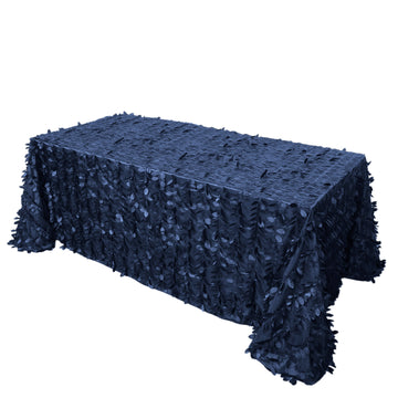 90"x132" Navy Blue 3D Leaf Petal Taffeta Fabric Seamless Rectangle Tablecloth for 6 Foot Table With Floor-Length Drop