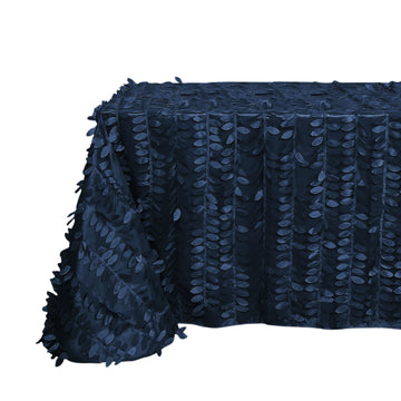 90"x156" Navy Blue 3D Leaf Petal Taffeta Fabric Seamless Rectangle Tablecloth for 8 Foot Table With Floor-Length Drop
