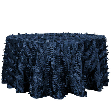 120" Navy Blue 3D Leaf Petal Taffeta Fabric Seamless Round Tablecloth for 5 Foot Table With Floor-Length Drop