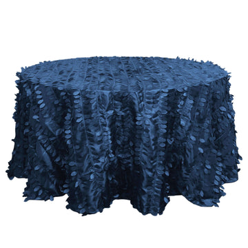 132" Navy Blue 3D Leaf Petal Taffeta Fabric Seamless Round Tablecloth for 6 Foot Table With Floor-Length Drop