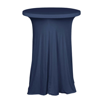 Navy Blue Round Spandex Cocktail Table Cover With Natural Wavy Drapes