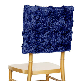 Create an Enchanting Atmosphere with Navy Blue Satin Rosette Chiavari Chair Caps