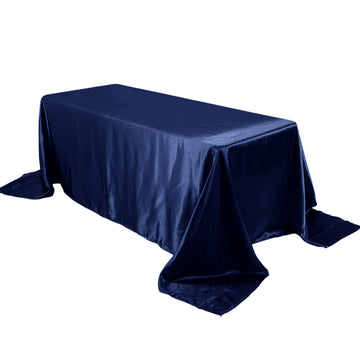 90"x132" Navy Blue Satin Seamless Rectangular Tablecloth for 6 Foot Table With Floor-Length Drop