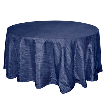 120" Navy Blue Seamless Accordion Crinkle Taffeta Round Tablecloth for 5 Foot Table With Floor-Length Drop