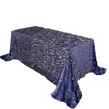 90"x132" Navy Blue Seamless Big Payette Sequin Rectangle Tablecloth for 6 Foot Table With Floor-Length Drop
