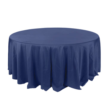 132" Navy Blue Seamless Polyester Round Tablecloth for 6 Foot Table With Floor-Length Drop