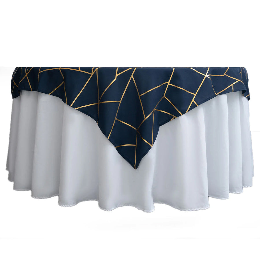 54inch x 54inch Navy Blue Polyester Square Overlay With Gold Foil Geometric Pattern