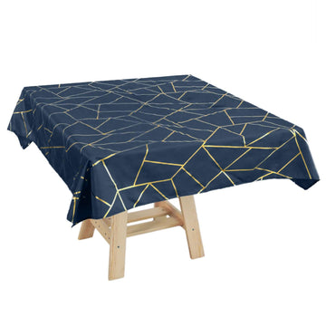 54"x54" Navy Blue Seamless Polyester Square Tablecloth With Gold Foil Geometric Pattern