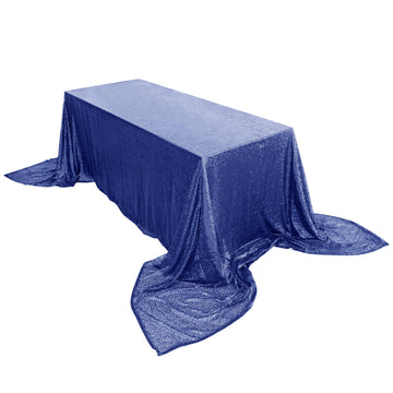 90x156" Navy Blue Seamless Premium Sequin Rectangle Tablecloth for 8 Foot Table With Floor-Length Drop