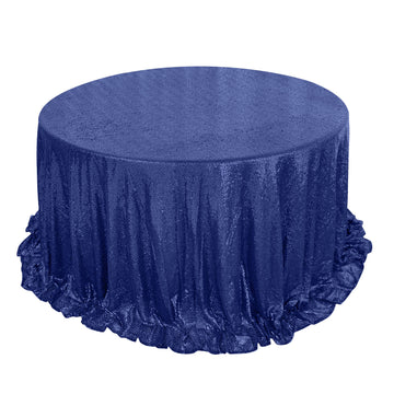 132" Navy Blue Seamless Premium Sequin Round Tablecloth, Sparkly Tablecloth