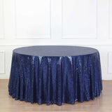 132" Navy Blue Seamless Premium Sequin Round Tablecloth, Sparkly Tablecloth for 6 Foot Table With Floor-Length Drop