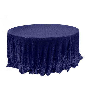 120" Navy Blue Seamless Premium Sequin Round Tablecloth for 5 Foot Table With Floor-Length Drop