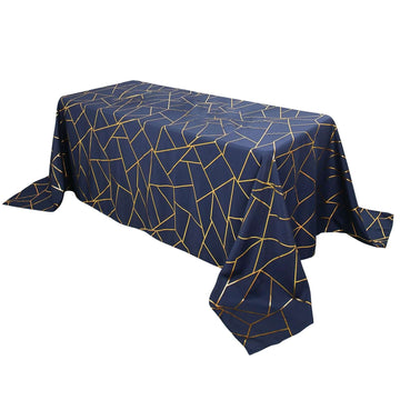 90"x132" Navy Blue Seamless Rectangle Polyester Tablecloth With Gold Foil Geometric Pattern for 6 Foot Table With Floor-Length Drop