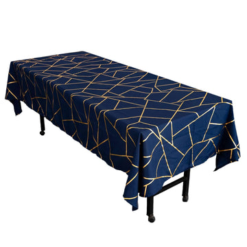 60"x102" Navy Blue Seamless Rectangle Polyester Tablecloth With Gold Foil Geometric Pattern