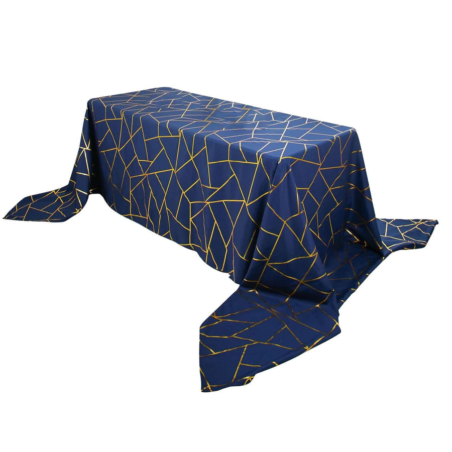 90inch x 156inch Navy Blue Rectangle Polyester Tablecloth With Gold Foil Geometric Pattern