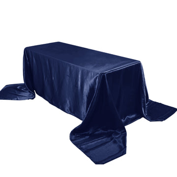 90"x156" Navy Blue Seamless Satin Rectangular Tablecloth for 8 Foot Table With Floor-Length Drop