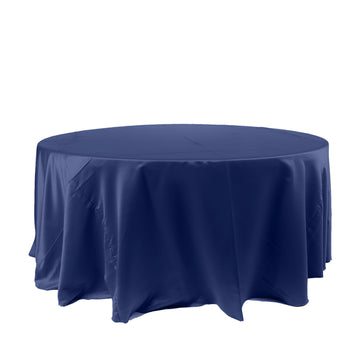 120" Navy Blue Seamless Satin Round Tablecloth for 5 Foot Table With Floor-Length Drop