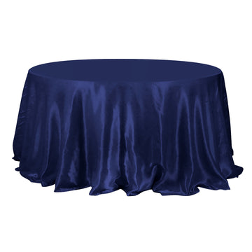 132" Navy Blue Seamless Satin Round Tablecloth for 6 Foot Table With Floor-Length Drop