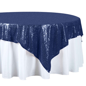 72"x72" Navy Blue Sequin Sparkly Square Table Overlay