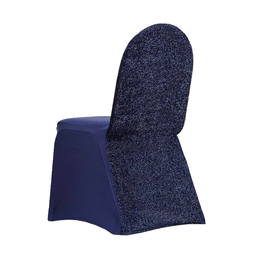 Navy Blue Spandex Stretch Banquet Chair Cover, Fitted with Metallic Shimmer Tinsel Back#whtbkgd