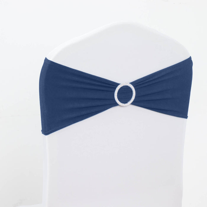 5 pack | 5"x14" Navy Blue Spandex Stretch Chair Sash with Silver Diamond Ring Slide Buckle