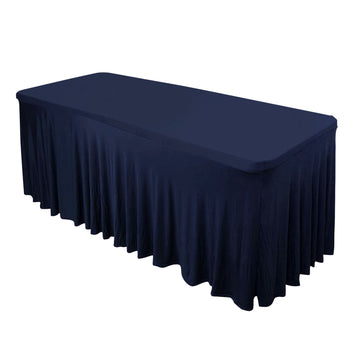 Navy Blue Wavy Spandex Fitted Rectangle 1-Piece Tablecloth Table Skirt 6ft, Stretchy Table Skirt Cover with Ruffles For 72"x30" Tables