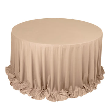 132" Nude Premium Scuba Wrinkle Free Round Tablecloth, Seamless Scuba Polyester Tablecloth for 6 Foot Table With Floor-Length Drop