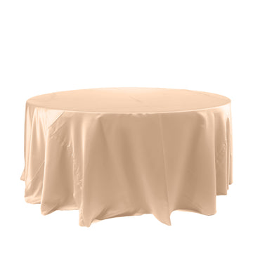 120" Nude Seamless Satin Round Tablecloth for 5 Foot Table With Floor-Length Drop