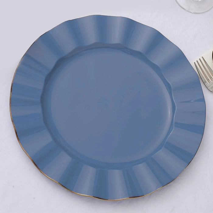 10 Pack | 11 Ocean Blue Disposable Dinner Plates With Gold Ruffled Rim, Round Plastic Party Plates