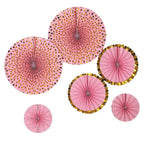 Set of 6 | Pink | Gold Paper Fan Decorations | Paper Pinwheels Wall Hanging Decorations Party Backdrop Kit | 8" | 12" | 16"#whtbkgd