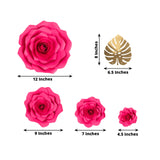 Set of 9 Fuchsia 3D Rose Paper Flowers with Gold Tropical Palm Leaves, Party Flower Backdrop Hanging