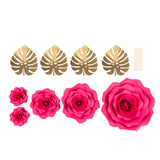 Set of 9 Fuchsia 3D Rose Paper Flowers with Gold Tropical Palm Leaves, Party Flower Backdrop#whtbkgd