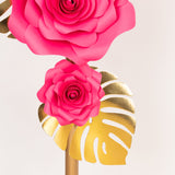 Set of 9 Fuchsia 3D Rose Paper Flowers with Gold Tropical Palm Leaves, Party Flower Backdrop Hanging