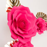 Set of 9 Fuchsia 3D Rose Paper Flowers with Gold Tropical Palm Leaves, Party Flower Backdrop Hanging