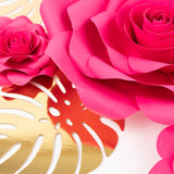 Set of 9 Fuchsia 3D Rose Paper Flowers with Gold Tropical Palm Leaves, Party Flower Backdrop Hanging