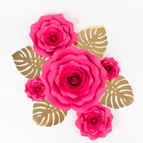 Set of 9 Fuchsia 3D Rose Paper Flowers with Gold Tropical Palm Leaves, Party Flower Backdrop Hanging